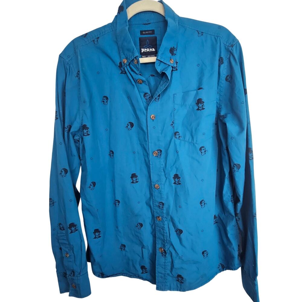 Prana Mens Broderick Moustache Shirt Sz M All Over Print Slim Fit Organic Cotton